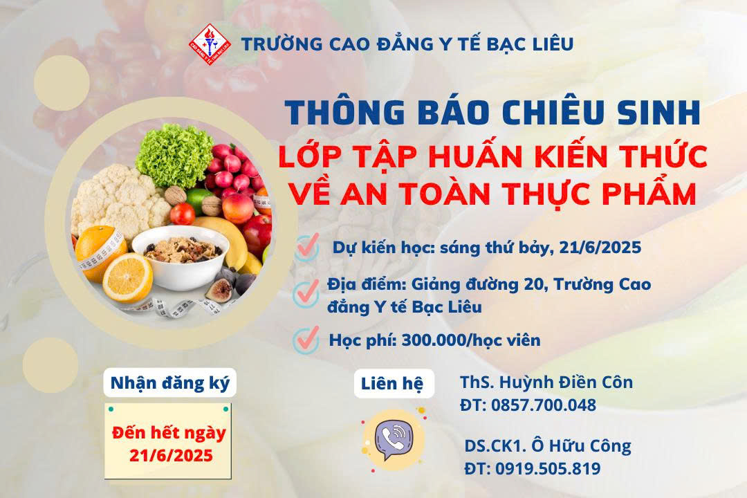Chiêu sinh lớp tập huấn kiến thức về an toàn thực phẩm tháng 6/2025